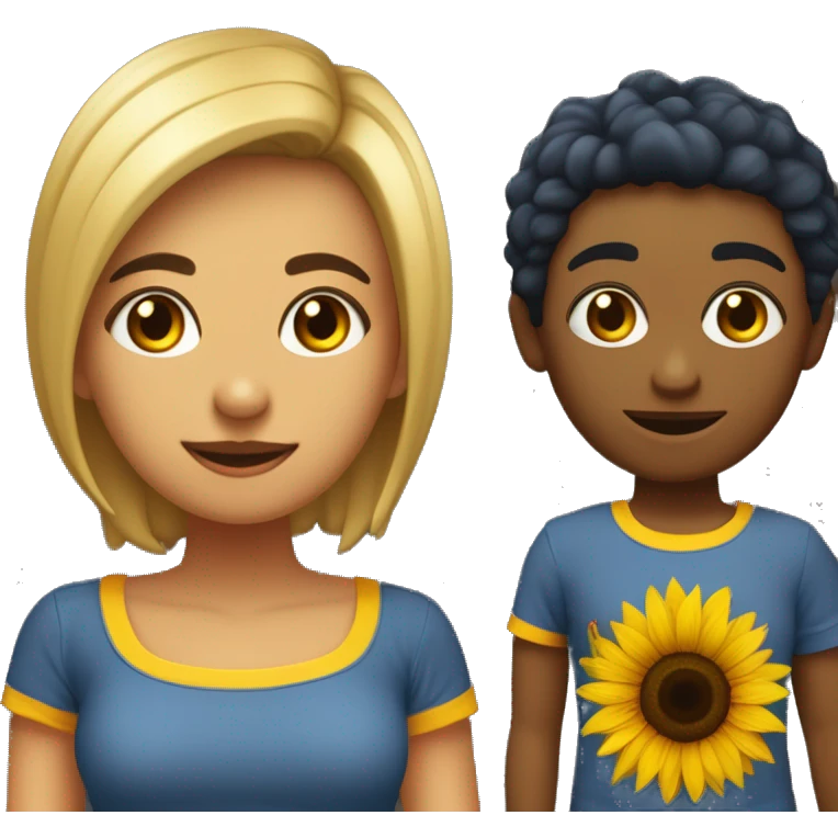 Chica e pelo castaño corto, de ojos marrones con piel poco morena y camiseta azul oscura de girasoles  emoji