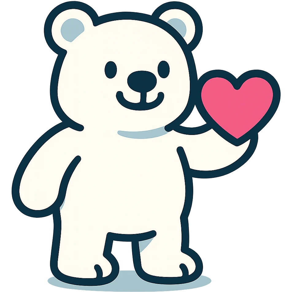 white bear holding a pink heart in hand, cartoon style emoji