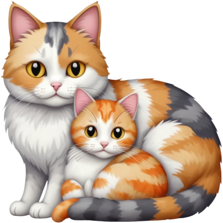 full body colourful light patched calico + white tabby cat cuddling a grey and white cat  emoji