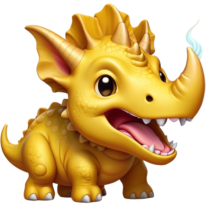 Cinematic Cute Yawning Triceratops Portrait Emoji, Head tilted slightly with a dramatic, wide-open yawn, showcasing a robust, horned body with a frilled head and sleepy, half-closed eyes, Simplified yet irresistibly cute features, highly detailed, glowing with a soft, cozy prehistoric glow, high shine, relaxed yet expressive, stylized with a dash of whimsical ancient charm, soft glowing outline, capturing the essence of a drowsy yet affectionate Triceratops that appears ready to stretch and yawn its way out of the screen! emoji