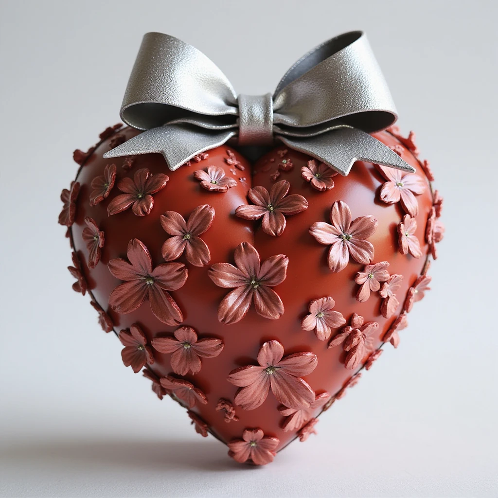 realistic heart with flowers, silver bow with heart pattern on the bow, photorealistic style emoji
