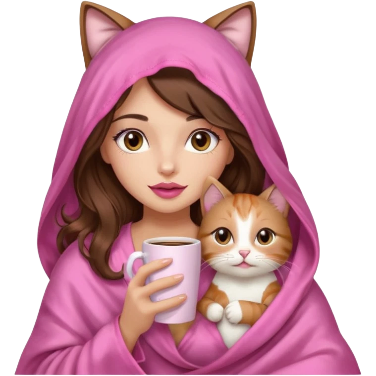 girl with long wavy brown hair, brown eyes, long lashes makeup, sexy pink lips, light to medium complexion, wearing a pink sexy silk top, big blanket over the head cozy holding a cat,  drinking coffee emoji
