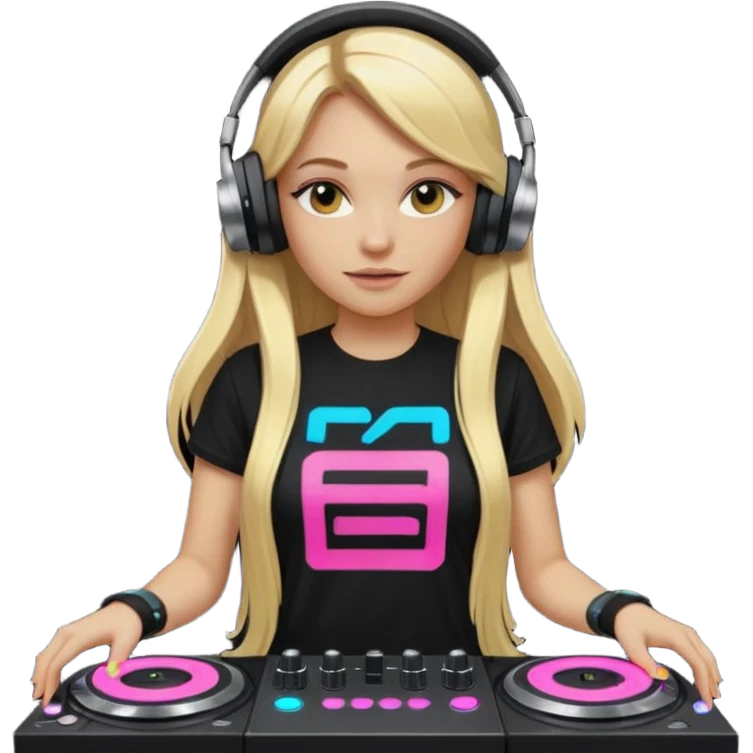 Beautiful cyberpunk chick stylish female DJ with long blonde hair, wearing black with neon on her graphic tshirt, with glowing turntables and headphones, 8k emoji