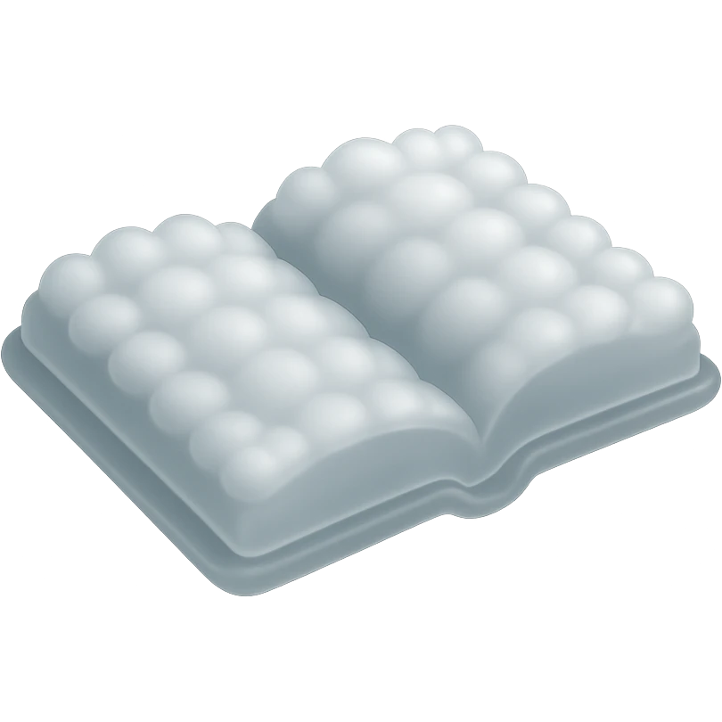 thick open book viewed from above, entirely made of small very bright white fluffy convex clouds, matte glass style emoji