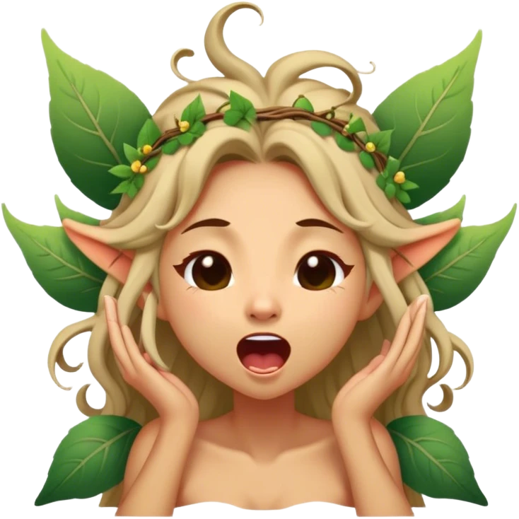 Cinematic Realistic Forest Nymph Fairy Portrait, head tilted slightly with a dramatic, wide-open yawn, revealing a tender, relaxed visage with finely detailed tanned skin and flowing, vine-adorned hair gently framing her face. Her sleepy eyes exude a serene, dreamlike quality as soft natural sunlight filters through the canopy, capturing the essence of a drowsy yet captivating forest nymph drifting into peaceful slumber. emoji