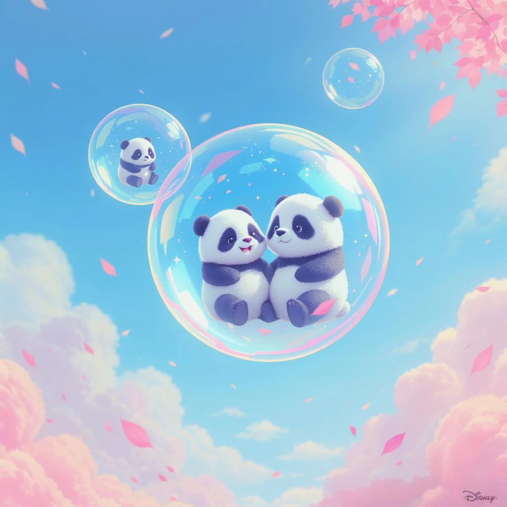 Minimalistic Cinematic still of pandas bears sitting inside flying bubbles, blue sky filling background , pink clouds, pink leafs falling around, disney style emoji