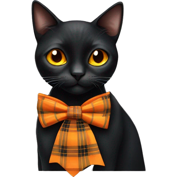 Black cat with orange eyes and a orange/black plaid bowtie emoji