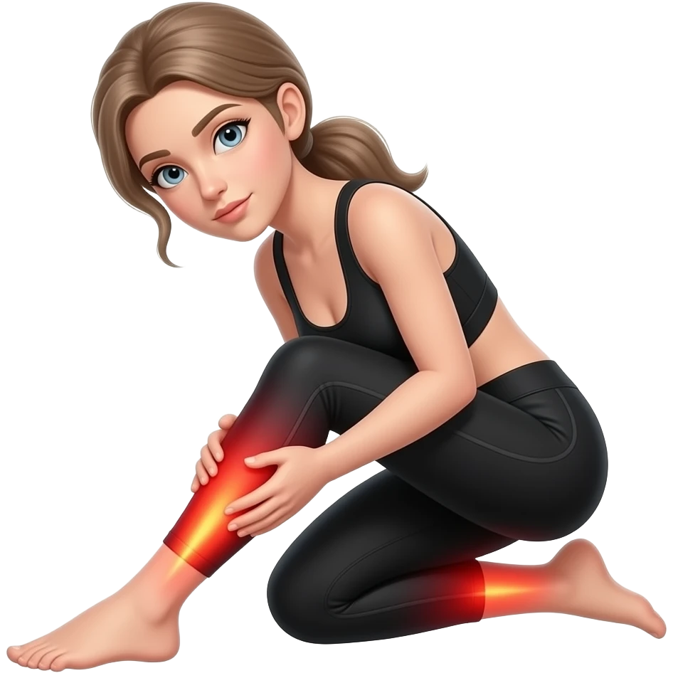 leg pain, full red glow covering both legs from hips to feet, woman holding one leg, fair-skinned woman, gray-blue eyes, ash brown brows, ash light brown hair tied back, slim athletic body, black workout set emoji
