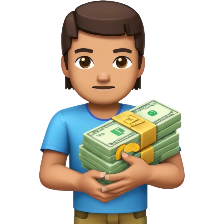 emoji style icon, minecraft blocky character holding a stack of money, pixel art style, bright colors, simple background, 3D glossy emoji, centered composition, soft shadow, high detail, clean outline, white background emoji