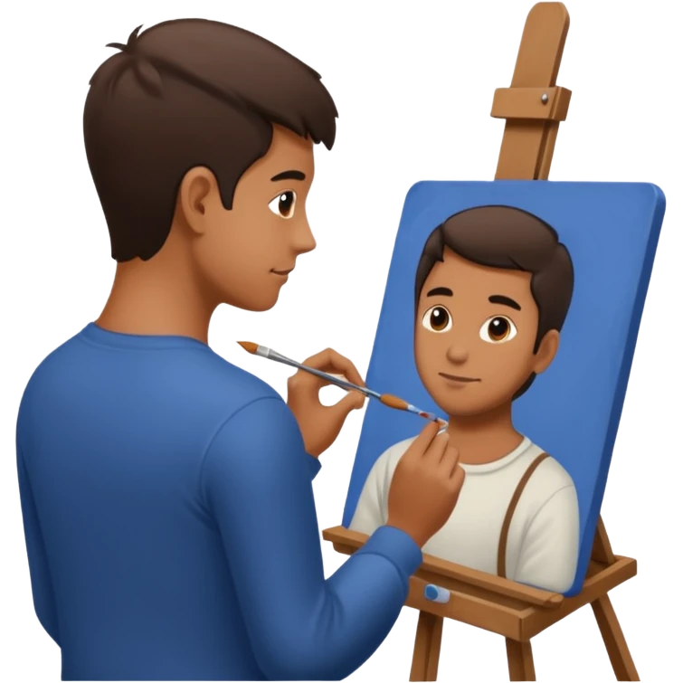 the artist stands with his back to the painting, painting a portrait emoji