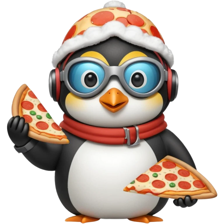 penguin with pizza slice, puffy winter coat, skiing goggles on head emoji
