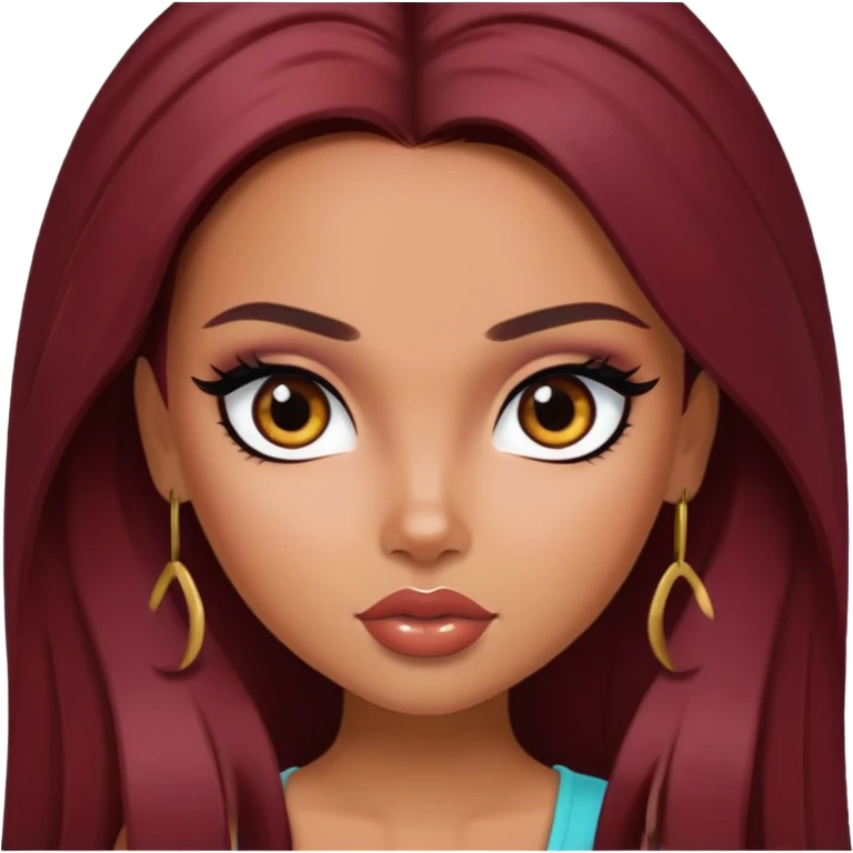 pretty bratz girl, latina, dark red hair,  long hair, brown eyes, black eyeliner, tan skin emoji