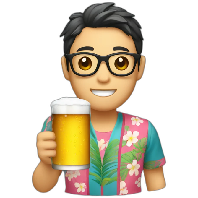 Japanese wearing roundglasses alohashirt is holding beer emoji