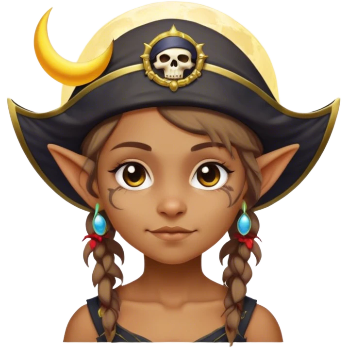 A cute pirate goblin girl with a moon halo emoji