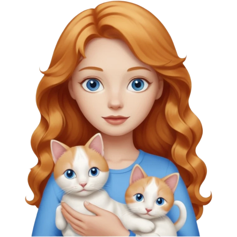 Long wavy strawberry blonde blue eyes woman with a white cat with blue eyes emoji