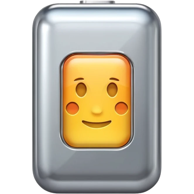 A battery emoji made of silver chrome, smooth rounded shape, minimal futuristic design, glossy metallic finish, soft reflections, iOS emoji style, centered on clean white background emoji