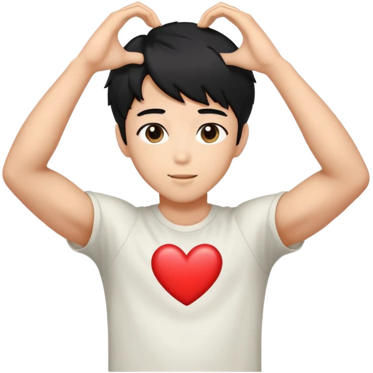 Black-haired male idol making a heart shape with his arms above his head, K-pop style emoji