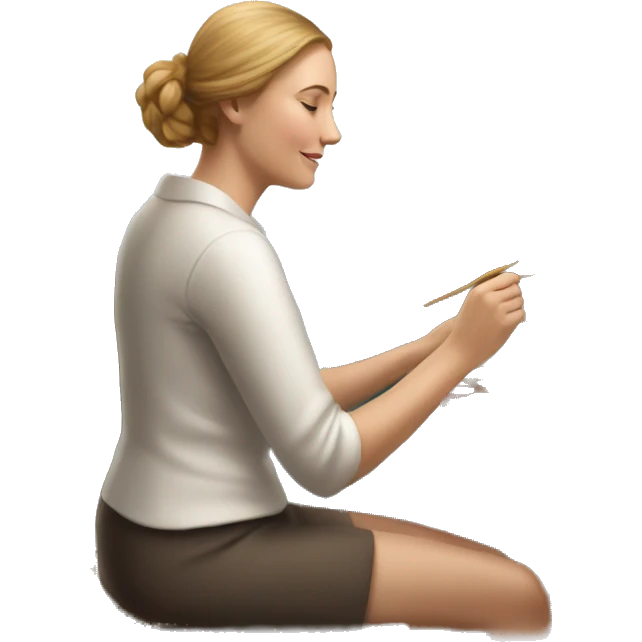 a white woman sitting in a wooden chair. she's painting a beautiful, scenic image on a canvas that's sitting on a wooden easel emoji