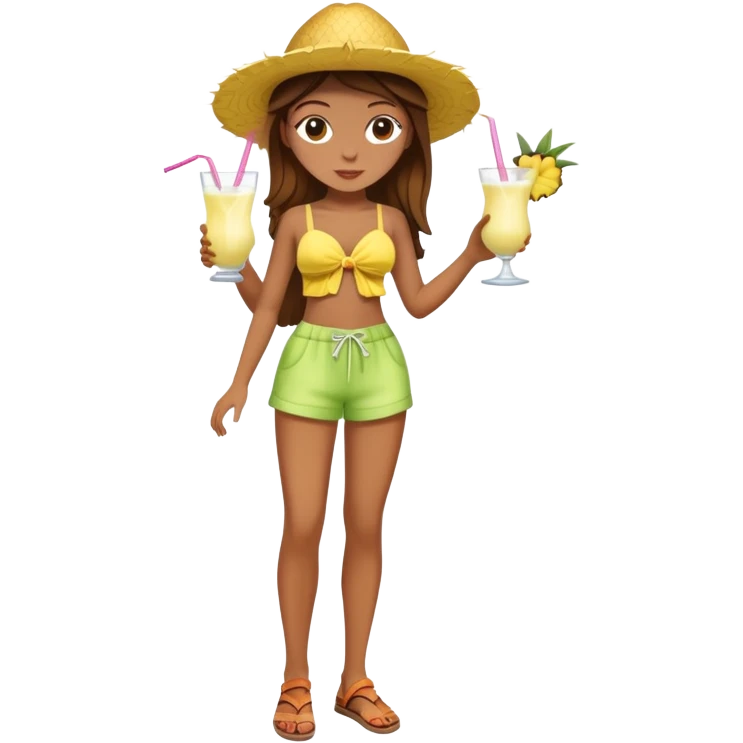 Full body of a very tan skinned girl with brown hair wearing a summer outfit sipping a piña colada emoji