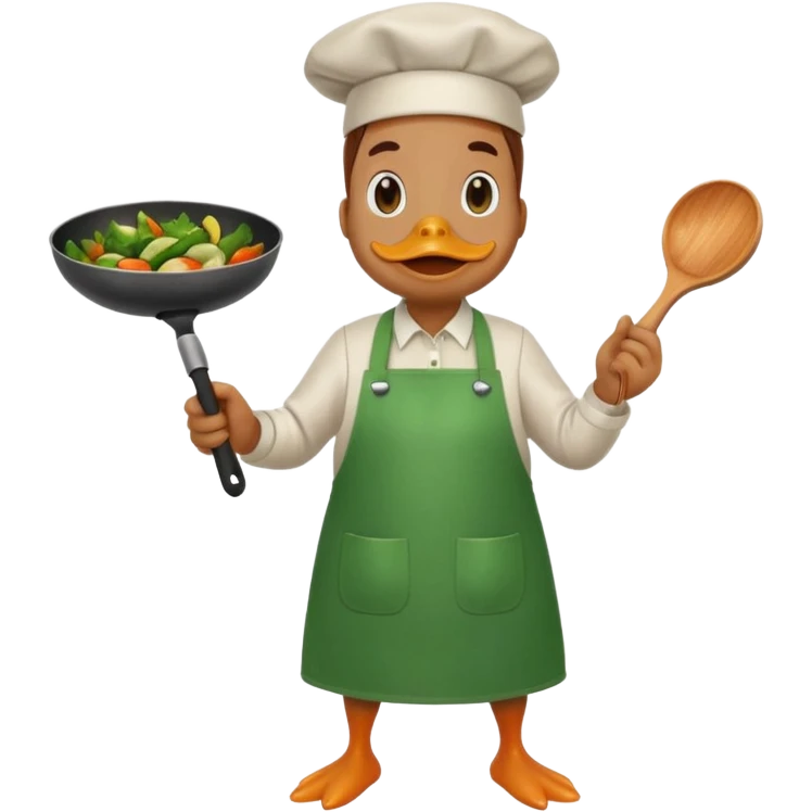 A duck holding a frying pan with sizzling vegetables, wearing green apron emoji