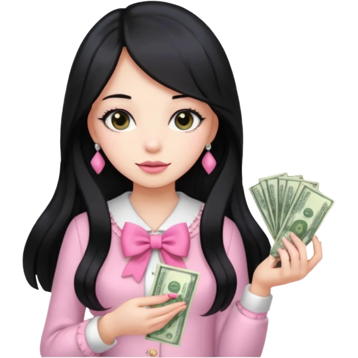 Menina de cabelo preto longo , laços rosas , dinheiro , luxo emoji