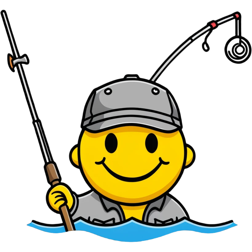 smiley face holding a fishing pole and wearing a fishing cap emoji