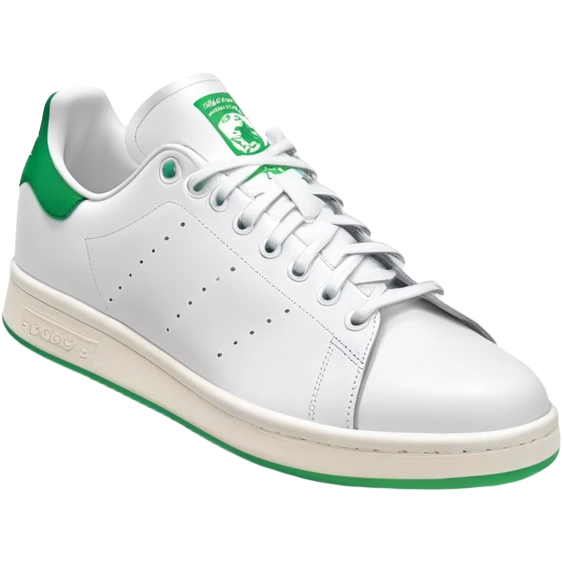 White Adidas Stan Smith shoe with green accents, iconic tennis sneaker, clean design, white with green heel tab, front angle view emoji
