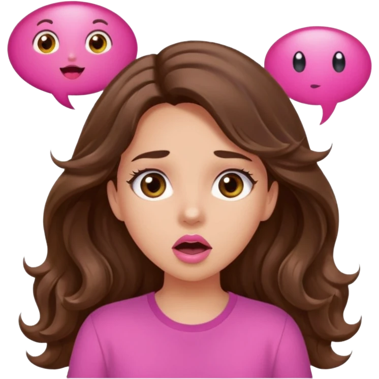 girl with long wavy brown hair, brown eyes, light to medium complexion, in a pink shirt, pink lips, long lashes, surprised, wow speech bubble emoji