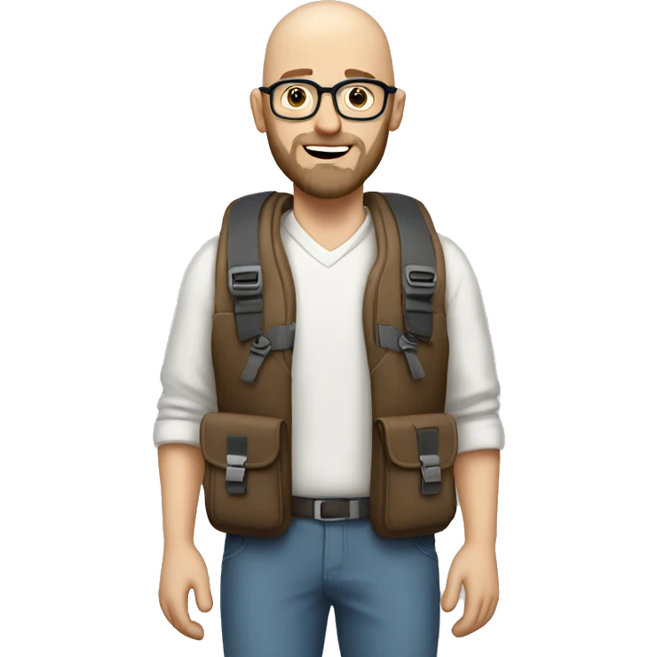 white bald man with beard, glasses, brown eyes and a traveling backpack emoji