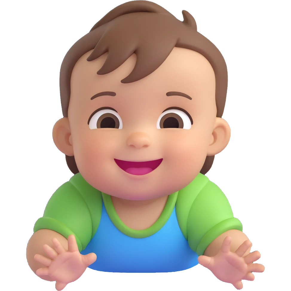 smiling baby boy with brown hair, playful expression emoji