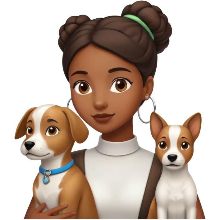 smart, 30 year old, brown African girl, back bun hairstyle, with one big white brown dog emoji