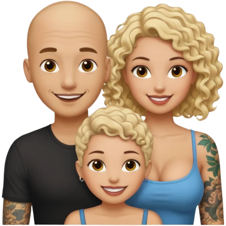 throuple tattooed bald boyfriend with long blonde hair female and another curly short haired brunette big boobs emoji