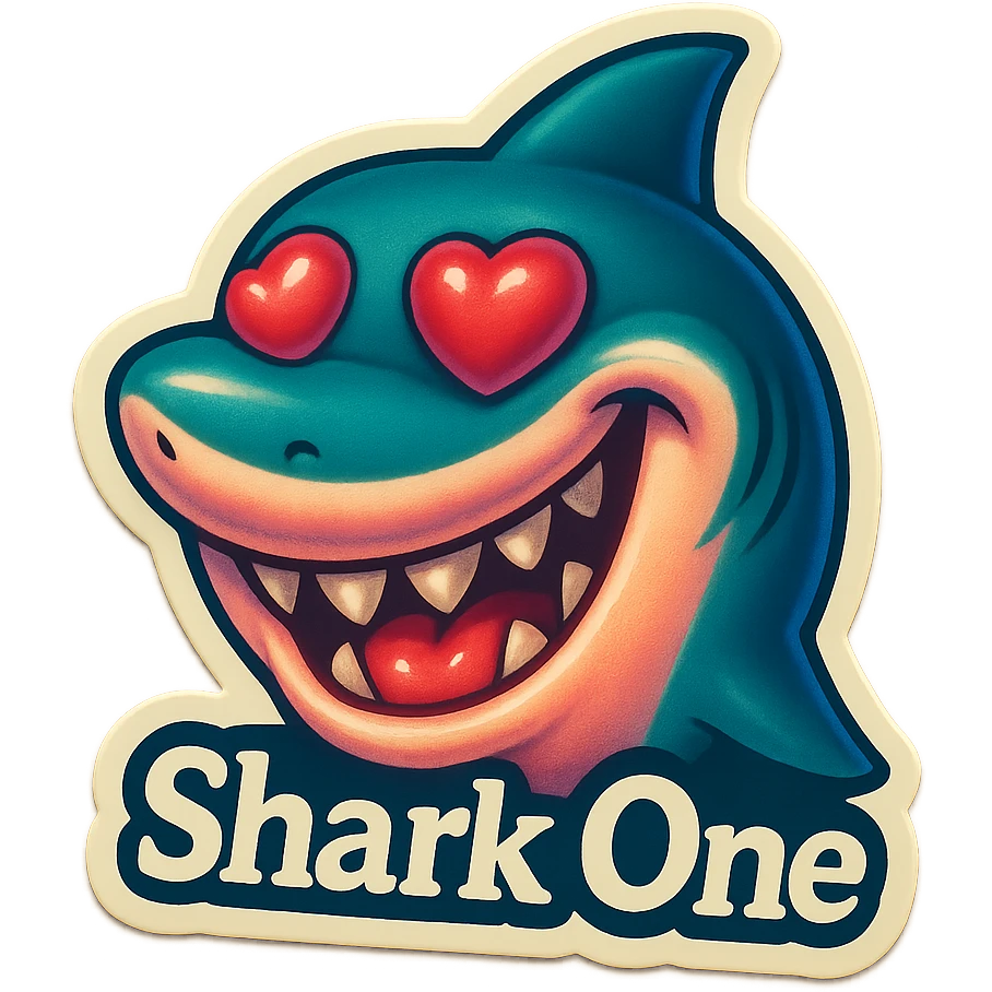 grin
heart shaped eye
add the words “ Shark One " in White emoji