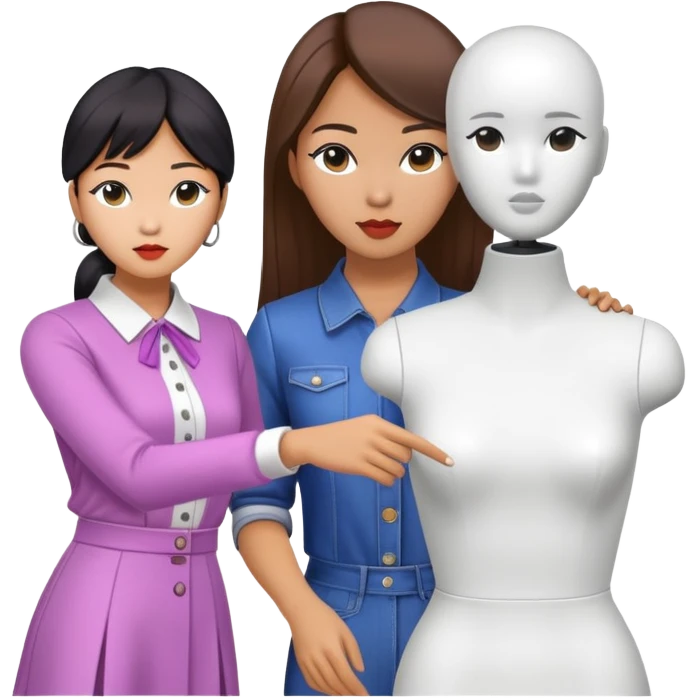 asian female clothing designer, designing kpop clothing on a headless mannequin emoji