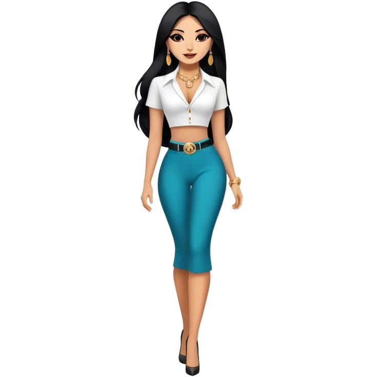 beautiful woman boss, with long straight black hair, with make up, black eye liner, smile, mexican, brown skin, wearing beautiful sexy outfit and white earings, she stand up, full body emoji