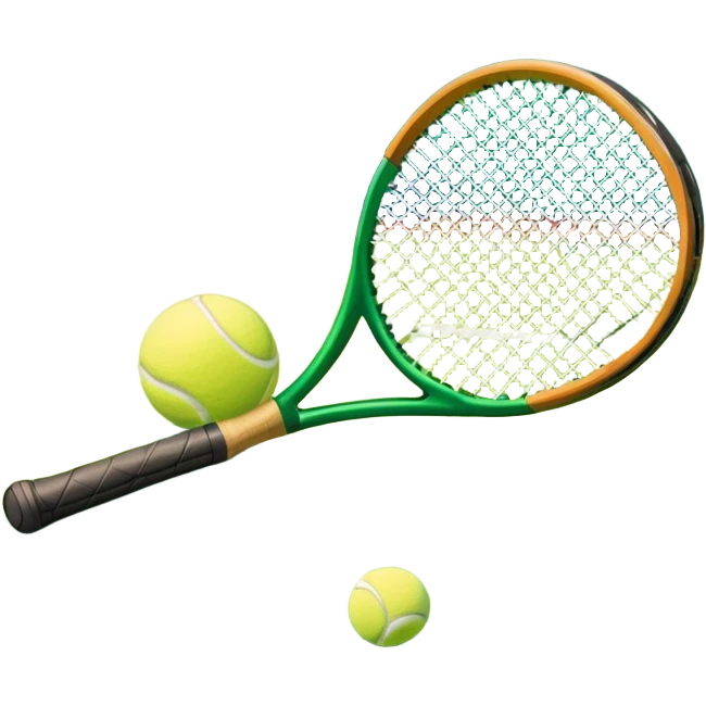 A tennis racket and a ball placed on a grassy court, with the net visible in the background. The scene captures the elegance and energy of the sport, with a vibrant green court and soft sunlight highlighting the equipment. emoji