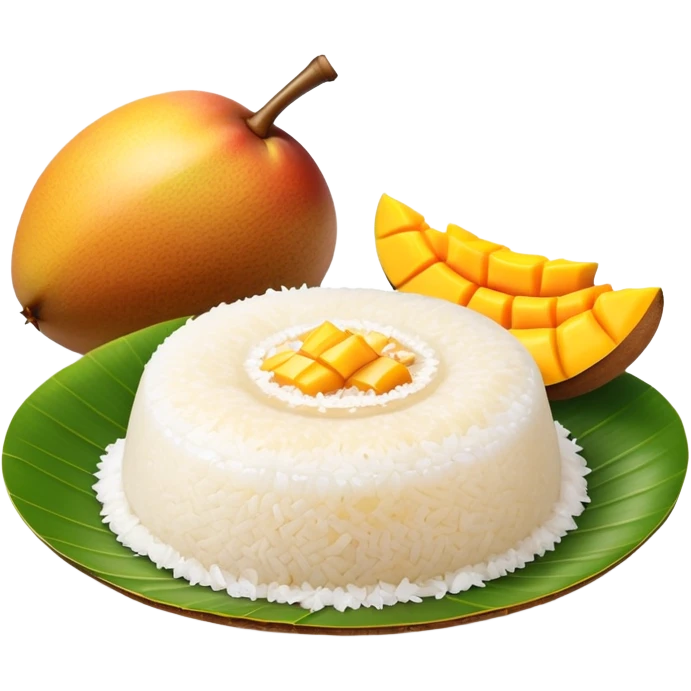 cinematic-realistic-mango-sticky-rice-dessert-emoji,-showcasing-sweet-sticky-rice out of a mould-paired-with-ripe-mango-slices-and-coconut-milk-rendered-with-lifelike-detail-and-warm,-inviting-lighting with the coconut  milk over the rice emoji