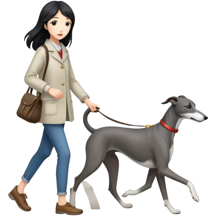 Japanese girl with flowing hair walking a grey greyhound emoji