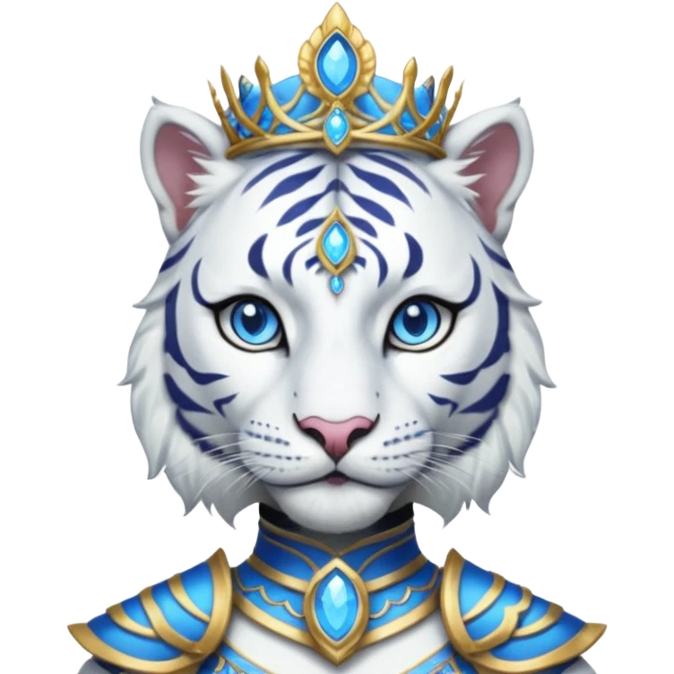 ESO Female white tiger khajiit leader of the umbral rose, blue eyes, blue 'third eye' gem, tiara for leadership ruling emoji