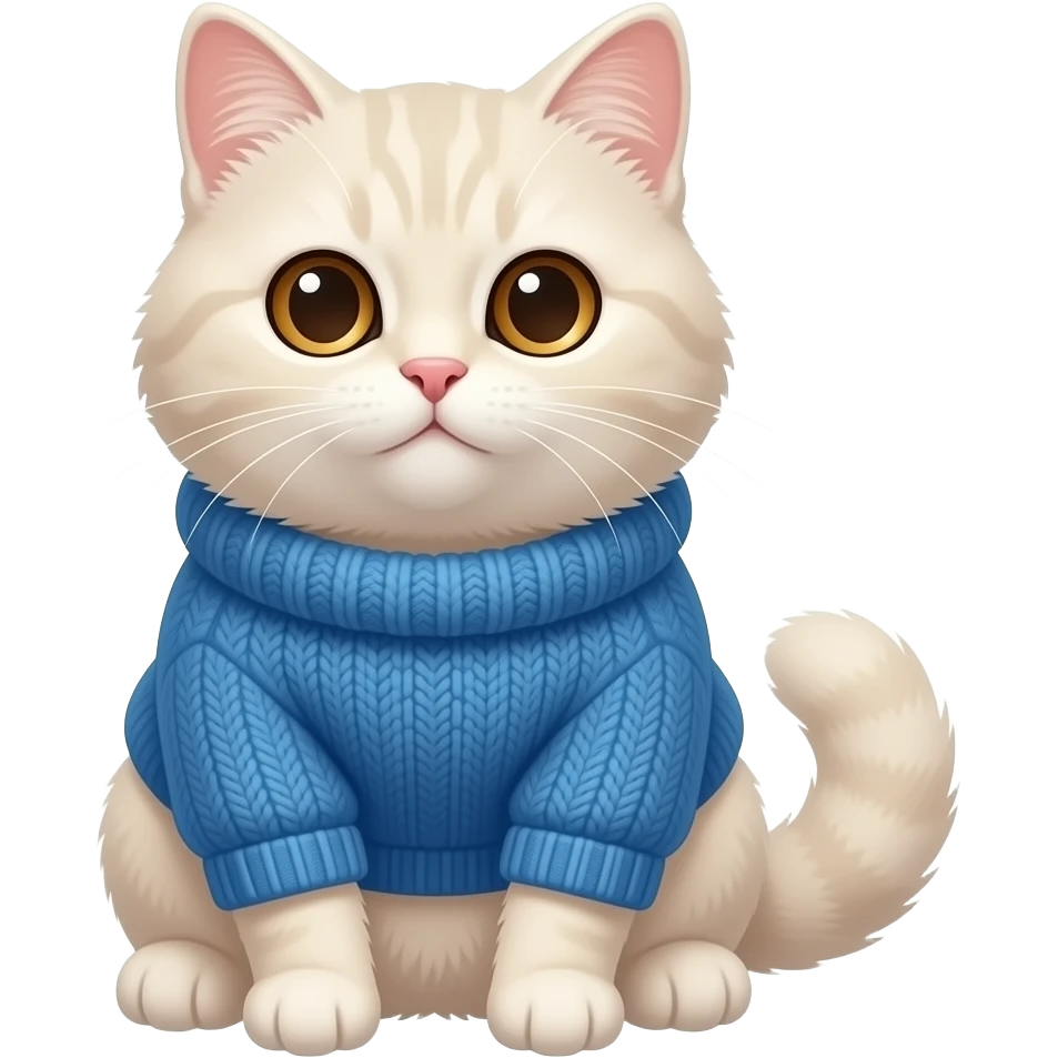 a sitting fluffy off-white cat with brown eyes in a blue sweater emoji