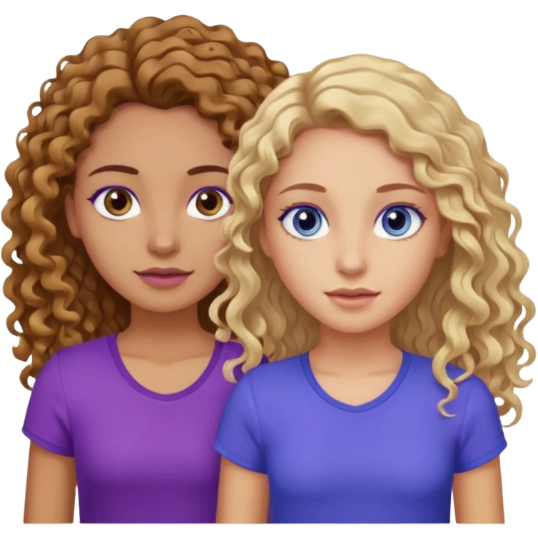 Twin sisters, one has brown eyes, long curly brown hair, the other one has blue eyes and straight blond hair purple top emoji