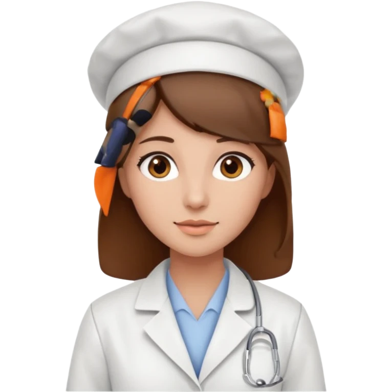 Make a pharmacy girl pretty with brown hat and eyes wearing labcoat emoji