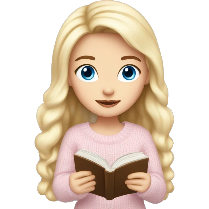 Pretty blue eyed white girl with light pink sweater reading cozy emoji