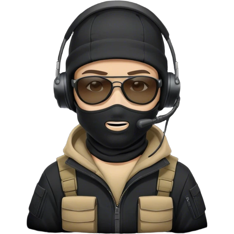 Tactical operator with a black backward cap, white balaclava, black sunglasses, and a military headset with a microphone, wearing a dark hoodie. emoji