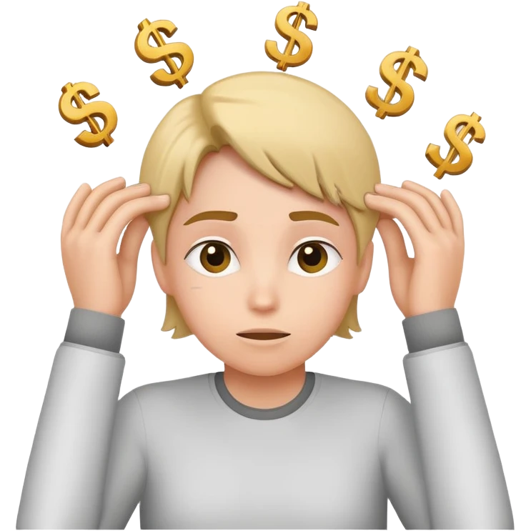 thinking about money, scratching head, with dollar signs around emoji