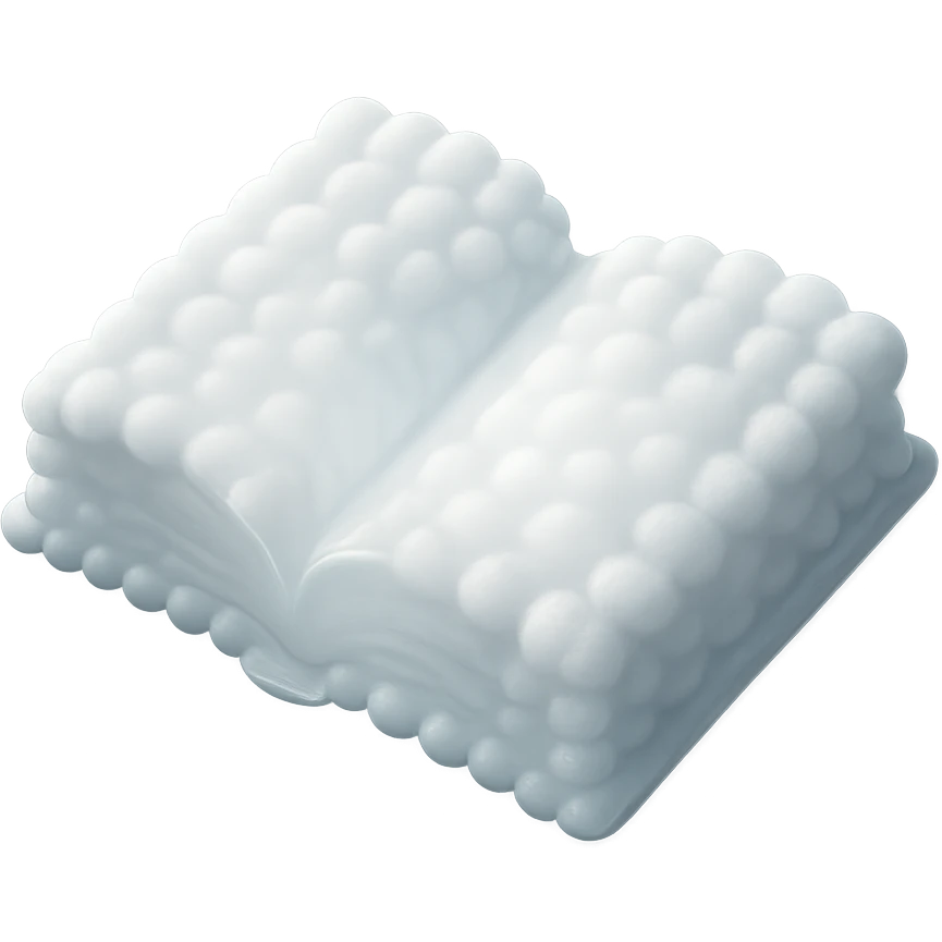 top view of a thick open book made entirely of small, very bright white fluffy convex clouds, matte glass style emoji