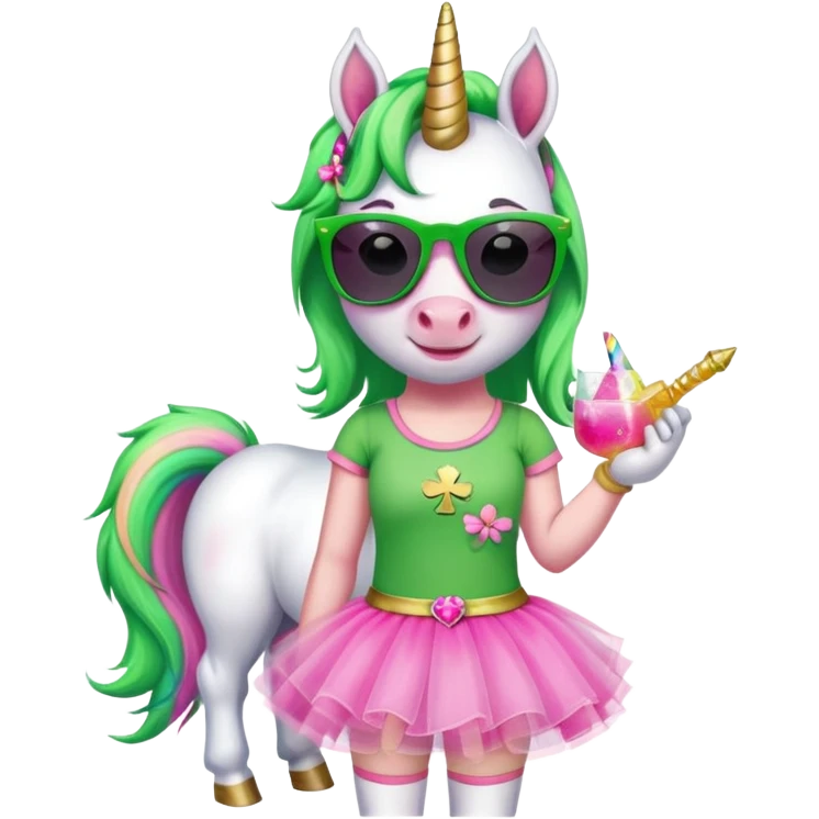 friendly anthropomorphised female unicorn with horse-like face, in tutu and pink t-shirt, wearing dark sunglasses, holding a shamrock or wearing a green accessory for St. Patrick's Day emoji