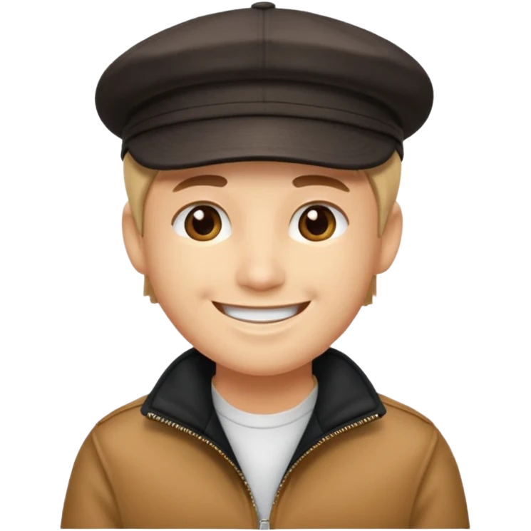 Créame a un chico blanco con gorra negra con el pelo castaño y qué tenga una chaqueta blanca más animado emoji
