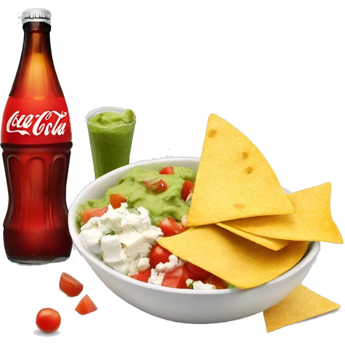 Bowl with guacamole, tomatoes, feta cheese, a side of nachos and a coca cola  emoji