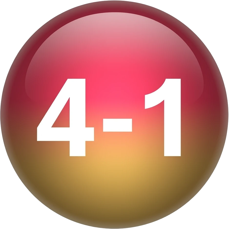 Glossy 3D sphere emoji, "4-1" bold white text centered, gradient from cherry red to gold, glass reflection highlight, bubble style icon emoji